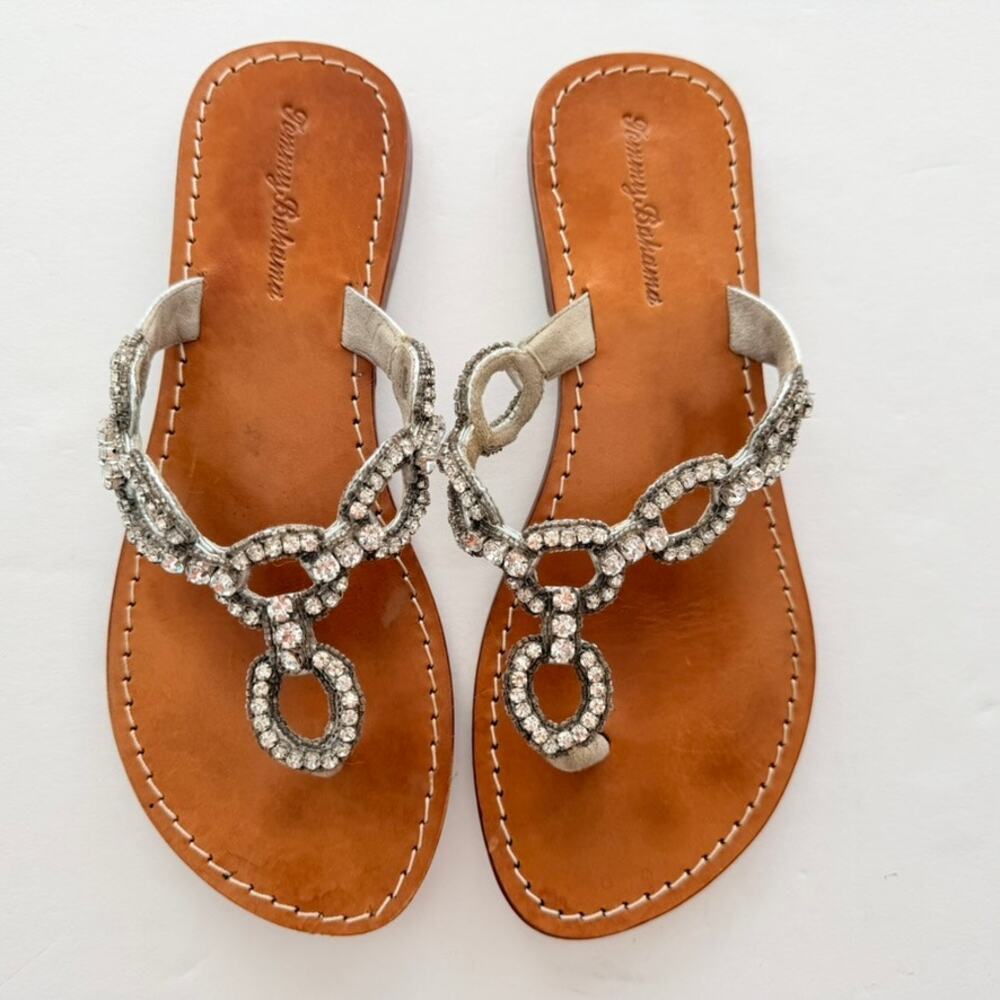 Tommy Bahama Rhinestone Crystal Thong Sandal Size 8 Flip Flop Leather Flat